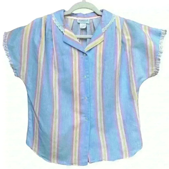 Vintage Pastel Striped Tattletale Shirt with Eyelet Trim Size L - Picture 1 of 5